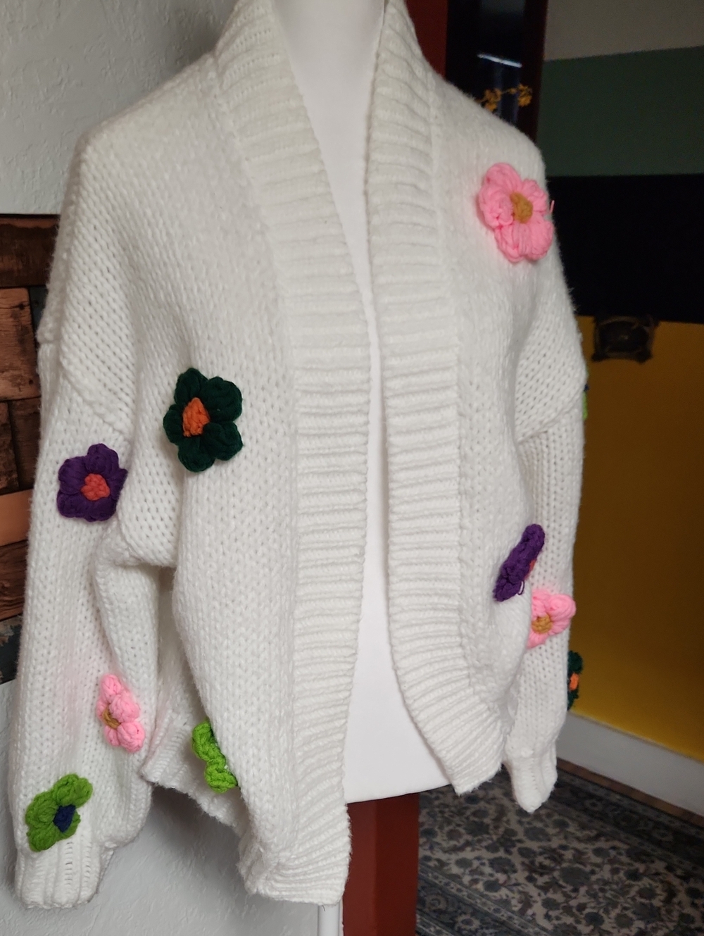 Duchamp Cream Open-Front Cardigan with Pink, Purple & Green Crochet Flowers